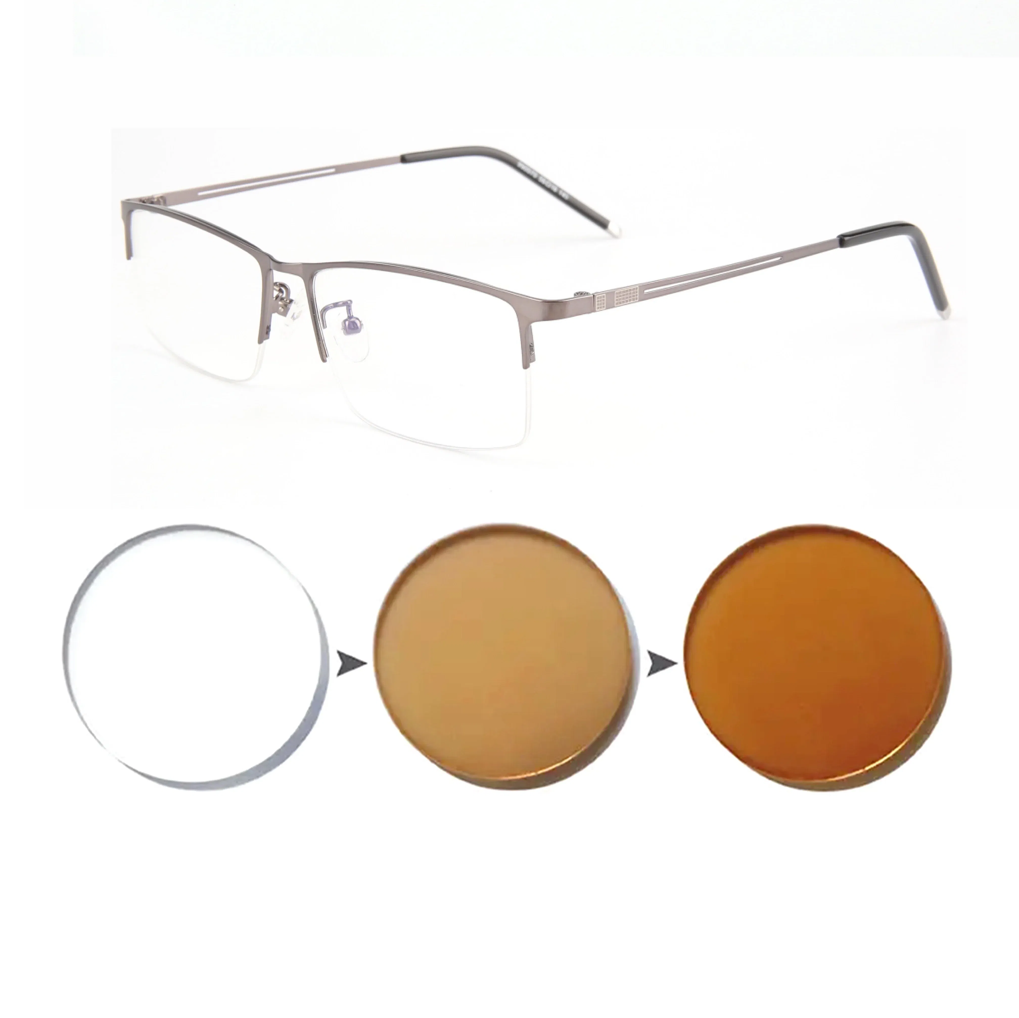 Frame Color: Blue, Eye Prescription: 0 - Sun Photochromic Finished Myopia Glasses Women Men Metal Half Frame Chameleon Short-sight Eyewear0 -0.5 -0.75 -1.0  To -6.0