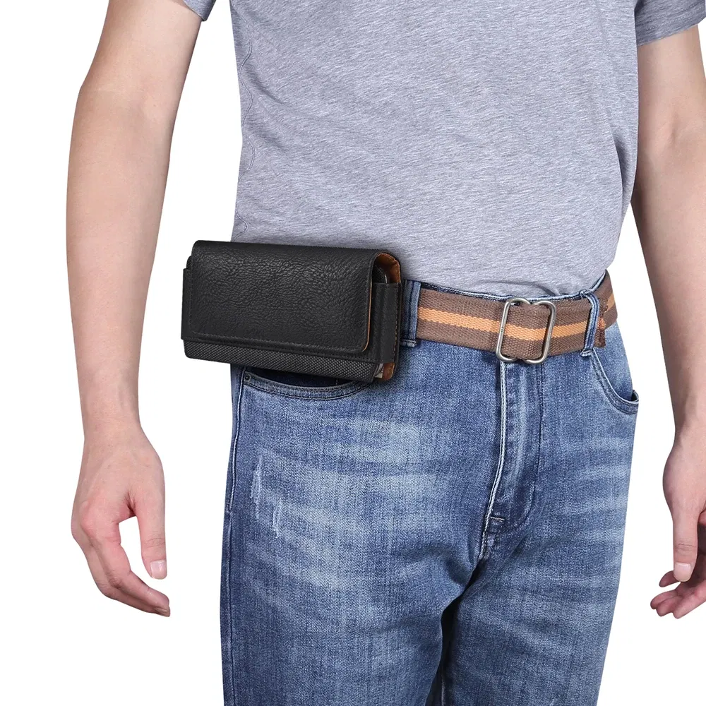 Color: black, Material: CANVAS - Universal Leather Men Waist Bag For iPhone 15 14 13 12 Pro Max Samsung Galaxy S23 S22 Huawei Xiaomi Mobile Phone Belt Clip Cases