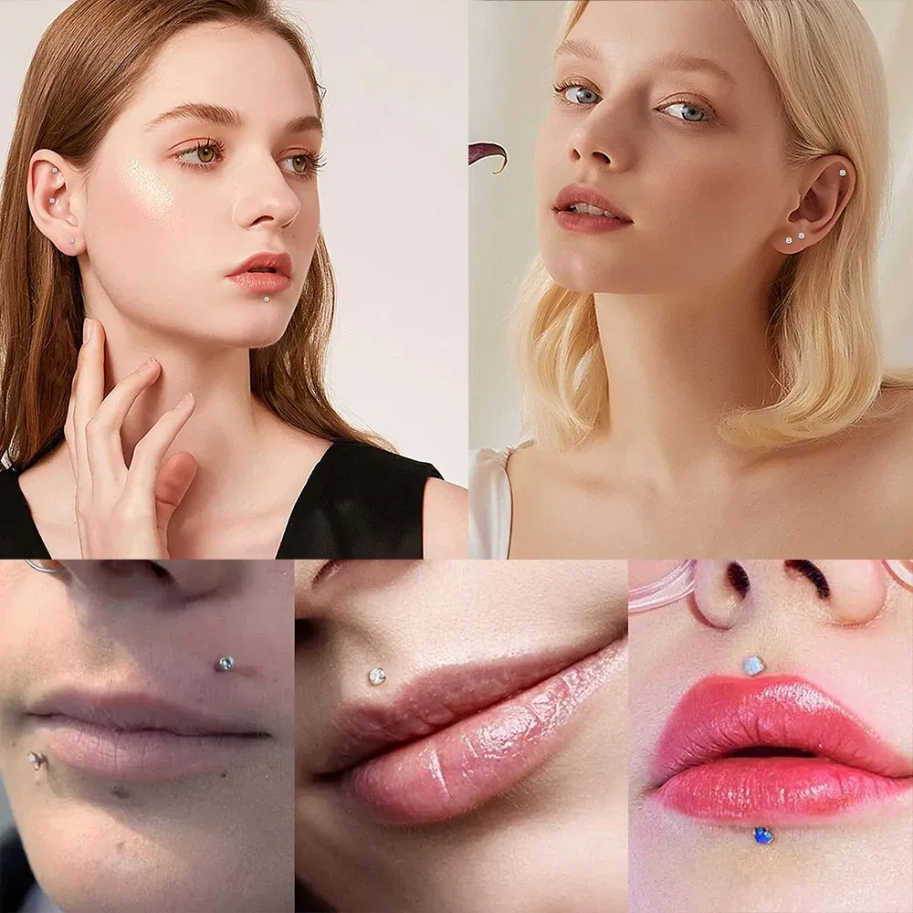 Metal color: SILVER PLATED, Ships From: CHINA, Main Stone Color: SKY BLUE - 10PCS ASTM F136 G23 Titanium Piercing Labret Lip Ring Stud Earring CZ Ear Tragus Cartilage Helix Daith Pierc Jewelry 16/18/20g