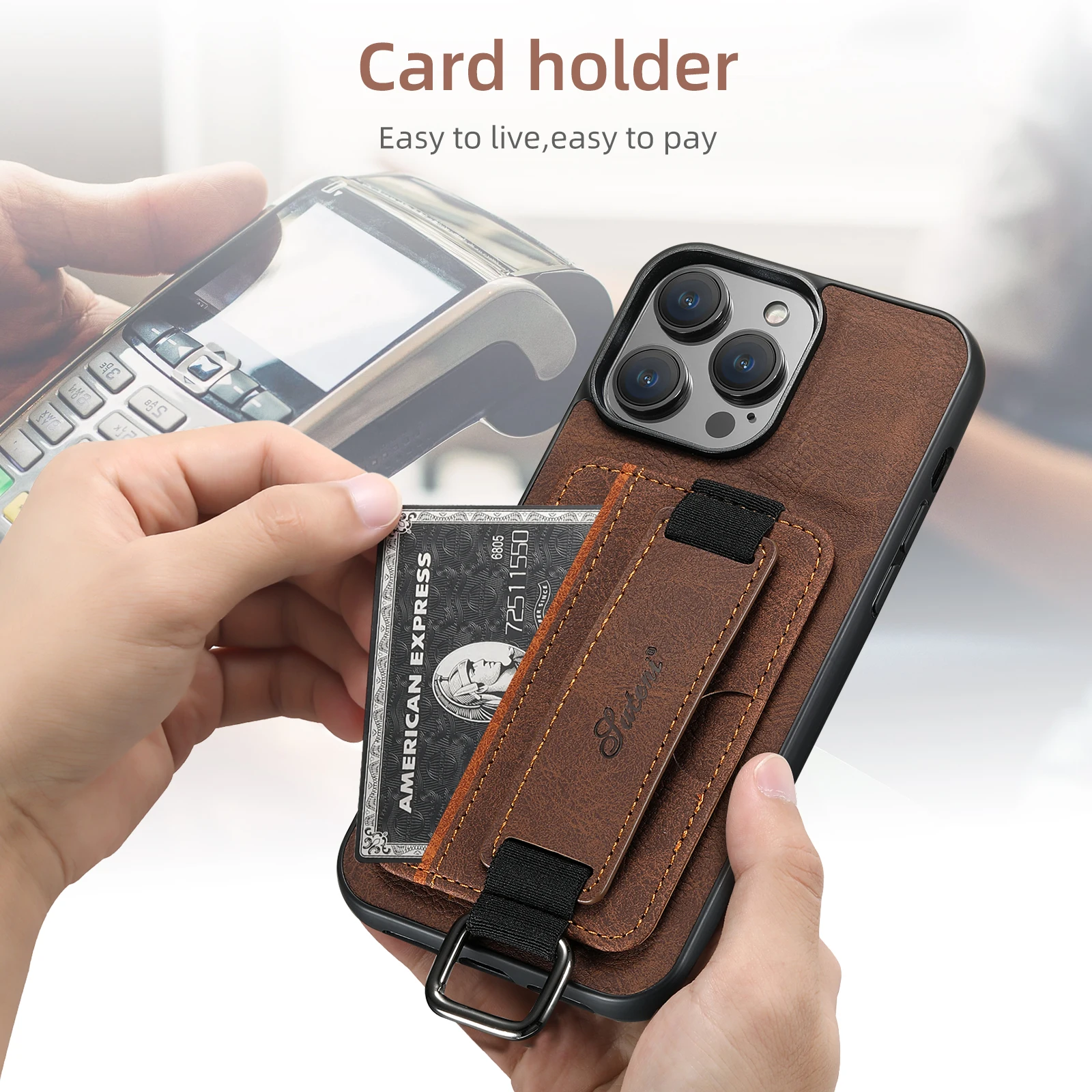 Color: black, Material: PU - SUTENI Lychee skin print wrist strap card phone case Card holder for iPhone 16 ProMax 15 Plus 14 13 12 11 XR XS Black/blue/brown
