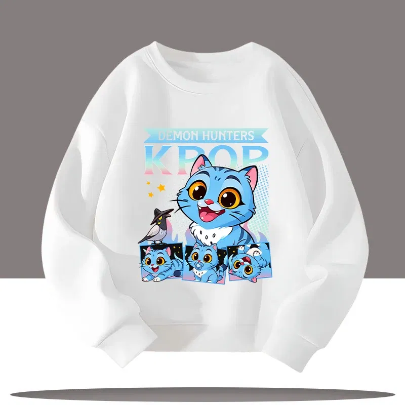 Color: Beige, Kid Size: 10 - Children's Clothing K-pop Demon Hunters Cartoon Print 3-12 Year Old New Style Kids Round-neck Sport Shirt Cute Girl Casual Top