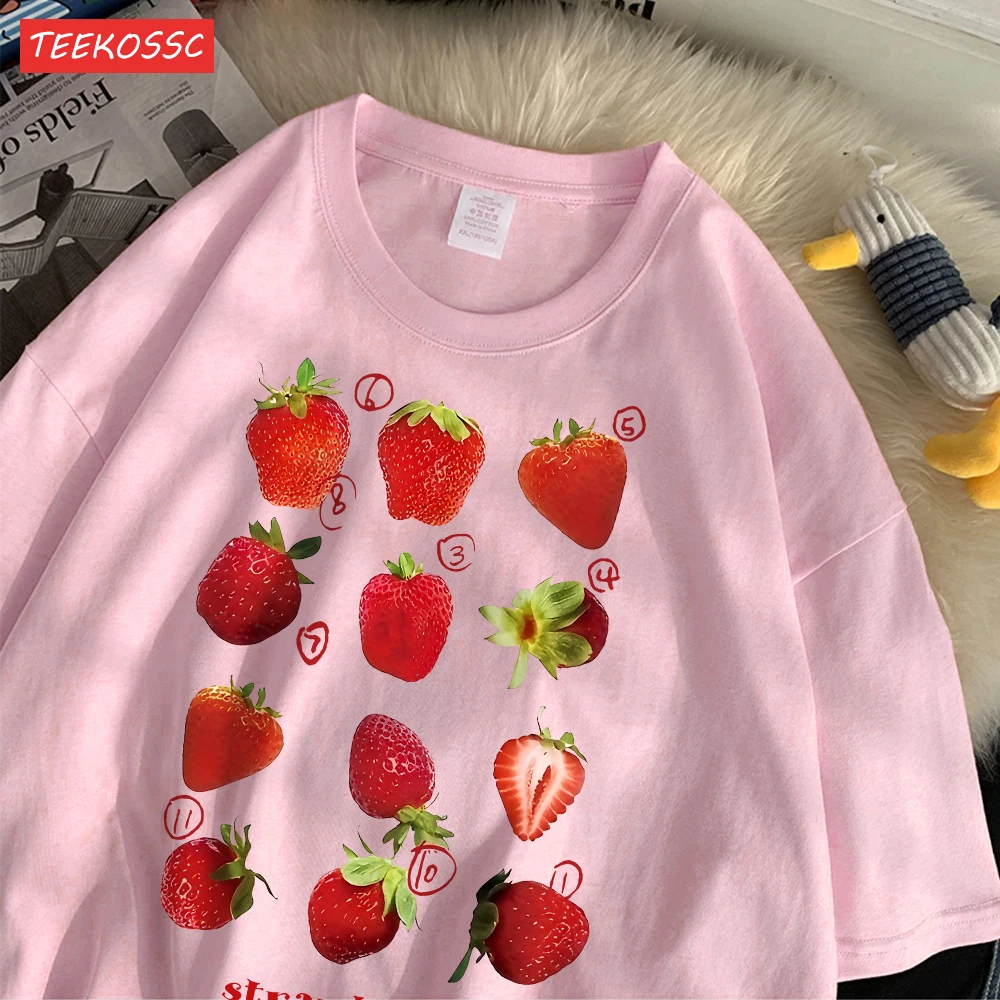 Color: Light Yellow, Size: XXL - 100% Cotton Women T-shirt Cute Fresh Strawberries Printed Tee Shirt Summer Comfortable Loose Tops Street Fashion Female Clothes