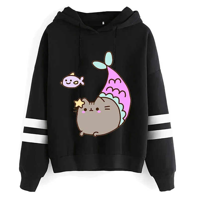 Color: Burgundy, Size: XXL - Women Ullzang Cute Cat Funny Cartoon Sweatshirt Pusheen Cat Kawaii Harajuku Korean Style Hoodies Graphic Fashion Hoody Female