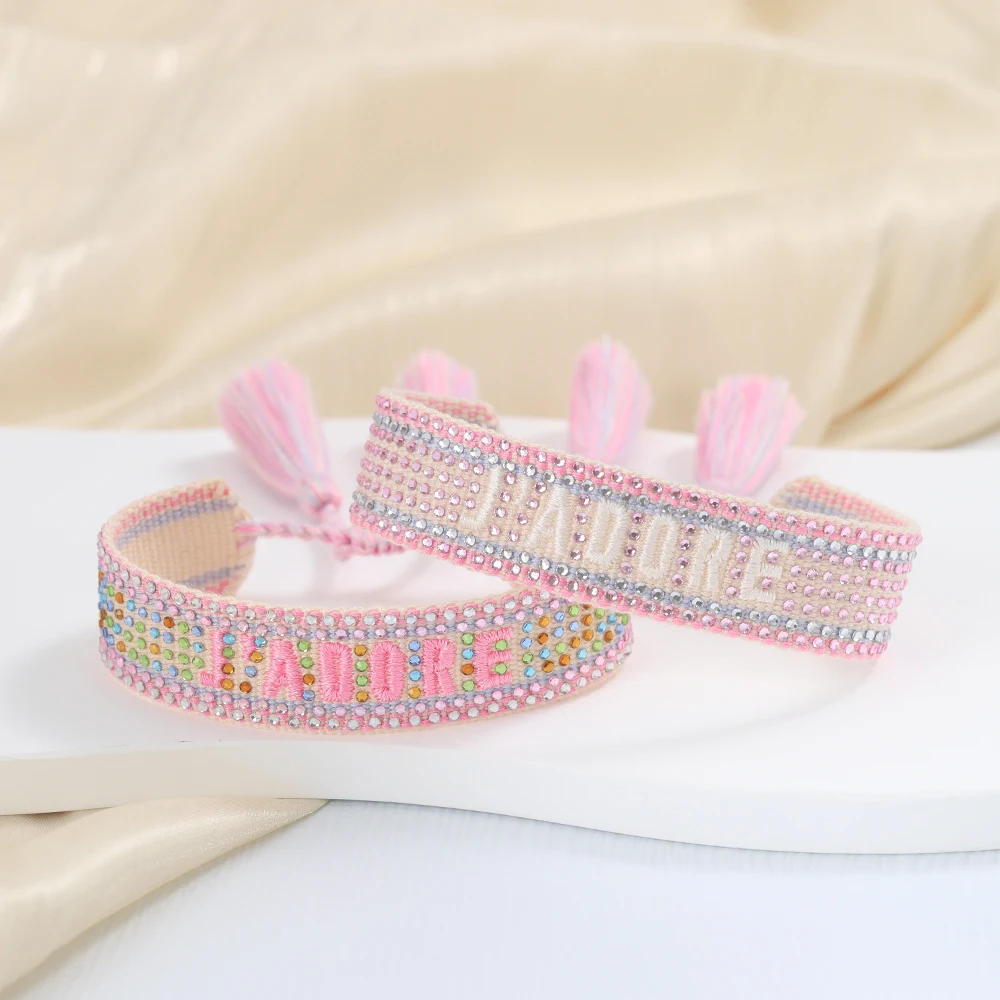 Metal Color: Blue white zinc plated - Bling Crystal Woven Friendship Bracelets Adjustable Rope Stackable Bangle For Women