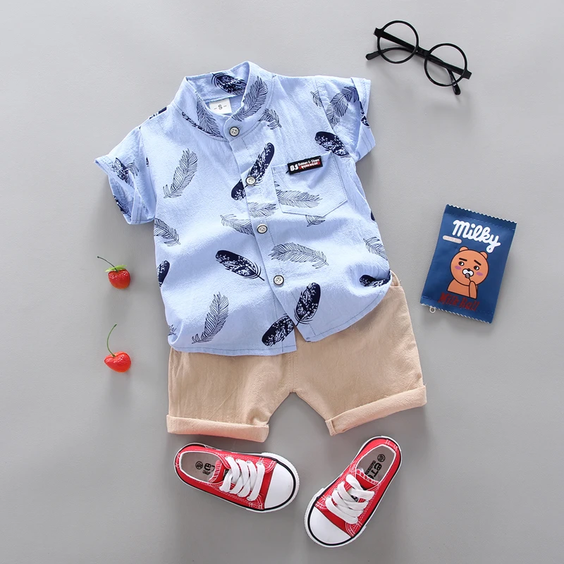 Color: Yellow, Kid Size: 3M - 0-3 Year Old Baby Summer Feather Print Shirt Short Sleeve Suit