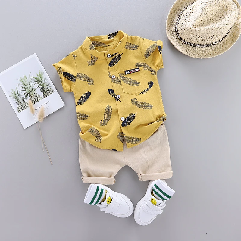 Color: Yellow, Kid Size: 3M - 0-3 Year Old Baby Summer Feather Print Shirt Short Sleeve Suit