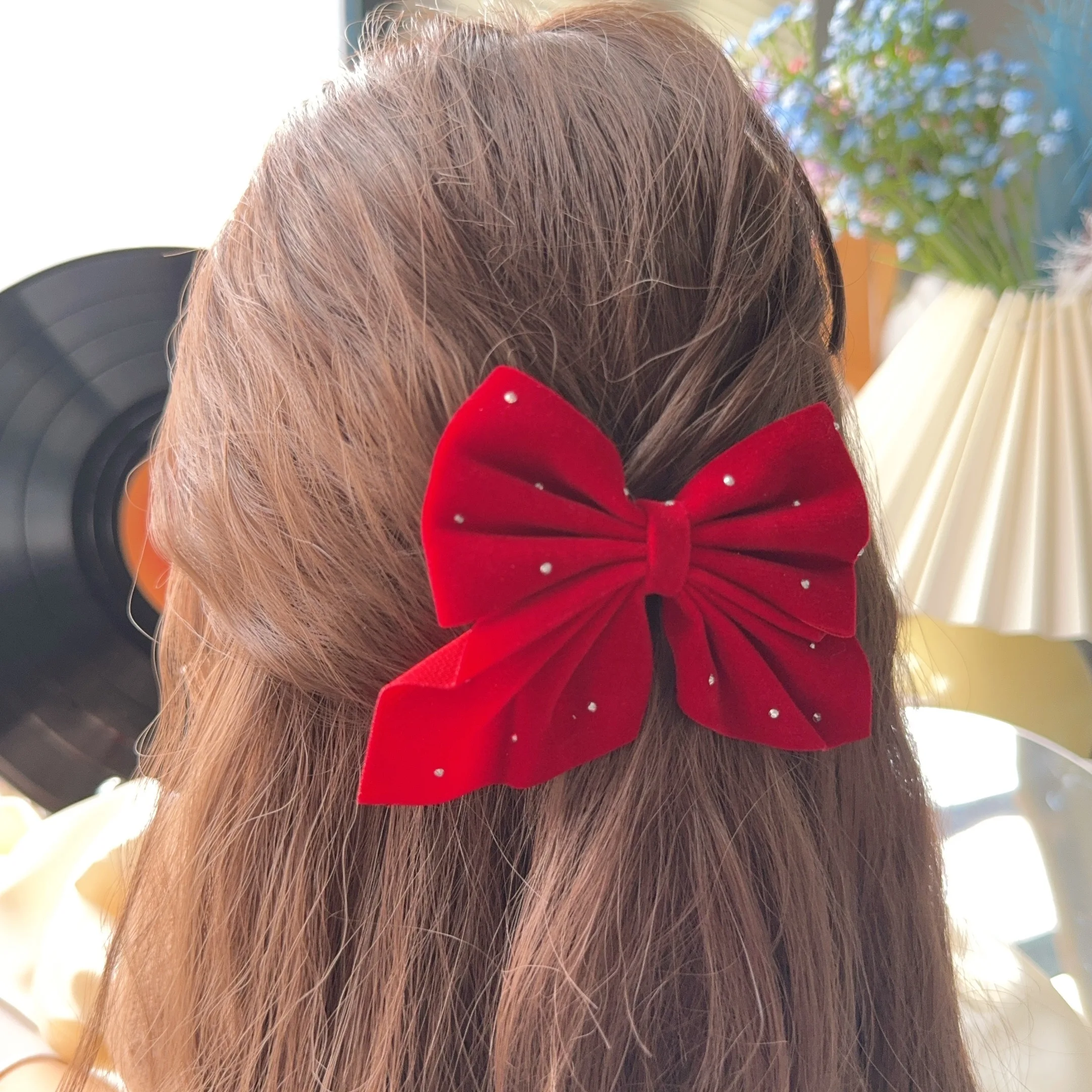 Color: Apricot - 2Pcs Starry Dots Red Velvet Bow Hair Pins Hair Clips Kids Girls Fashion Christmas Barrettes Ponytail Holder Headwear Accessories