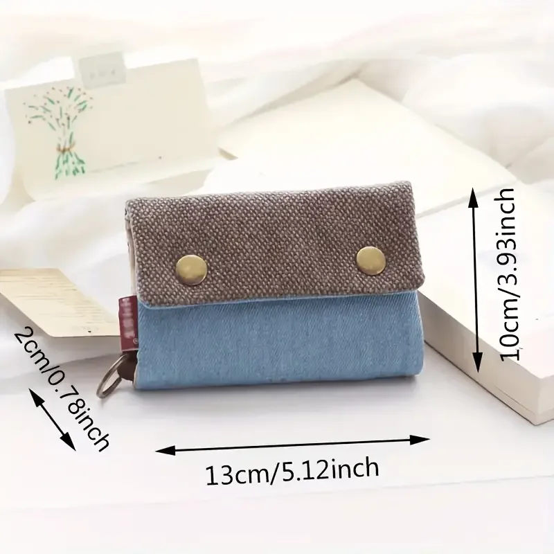 Color: dark blue - Handmade Three Fold Fabric Wallet Women Men Simple Short Zipper Purses for Teens Personality Multi-function Key Bag Card Holder