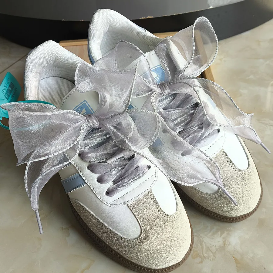 Color: WHITE, Length: 140cm - 4cm Wide Festoon Fishtail Organza Shoelaces Wave Chiffen Fall Winer Bow Laces Beauty White Casual Sneaker DE Training Shoes Lace