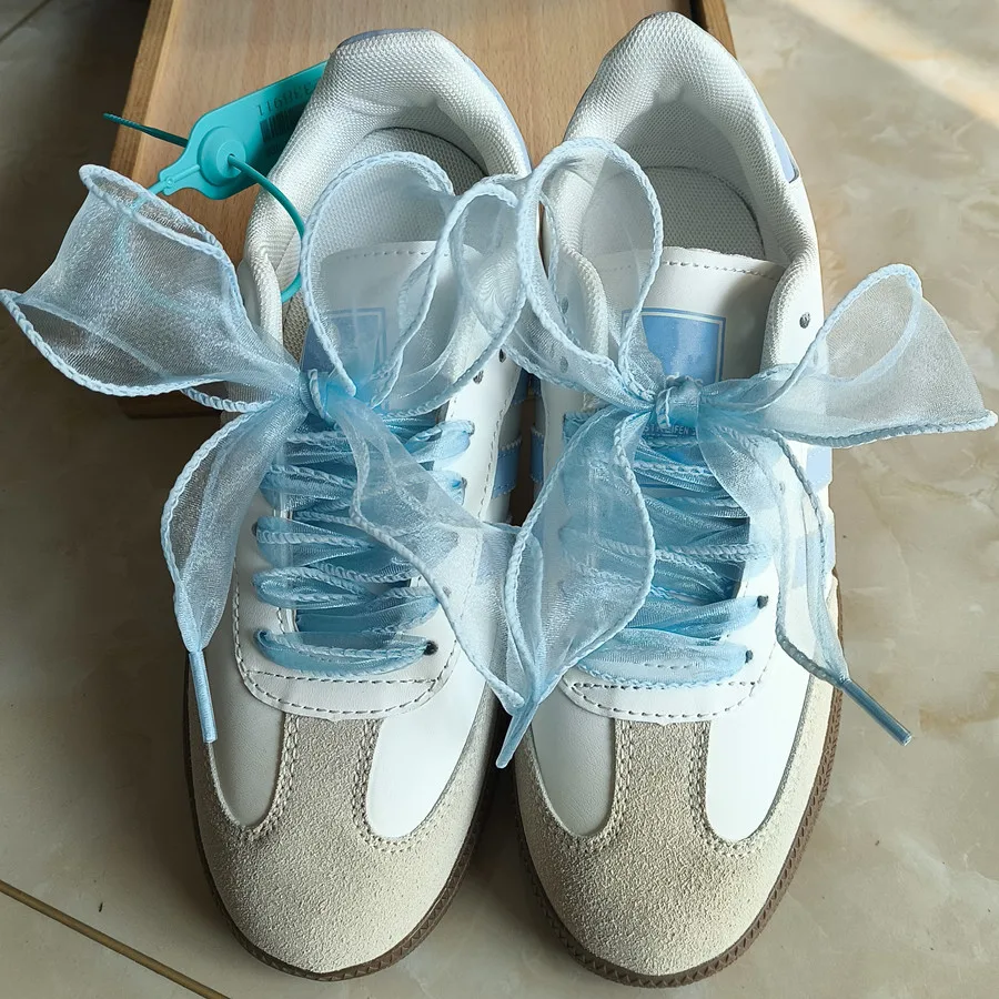 Color: WHITE, Length: 140cm - 4cm Wide Festoon Fishtail Organza Shoelaces Wave Chiffen Fall Winer Bow Laces Beauty White Casual Sneaker DE Training Shoes Lace