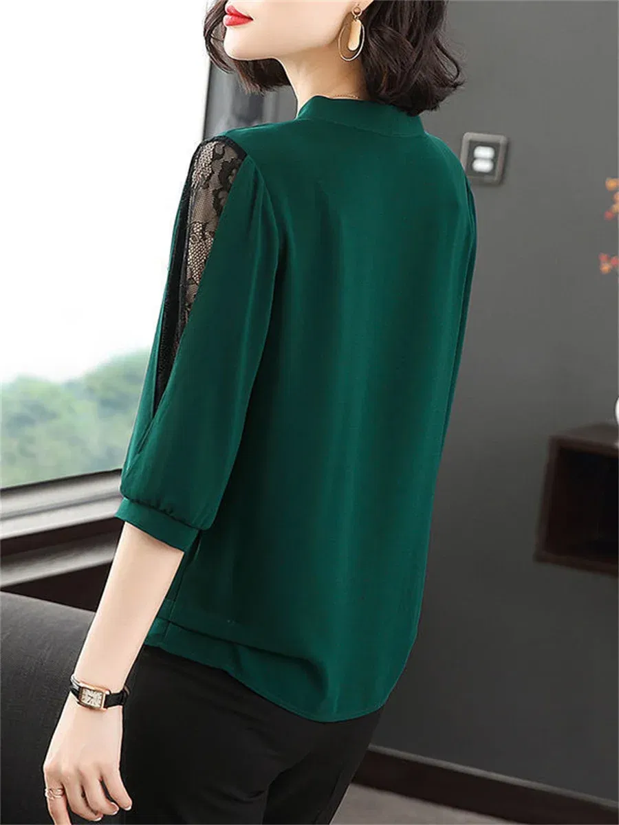 Color: green, Size: XXXL - Women Spring Summer Style Blouses Tops Lady Casual Bow Tie Colloar Half Lace Sleeve Loose Blusas Tops DF4275