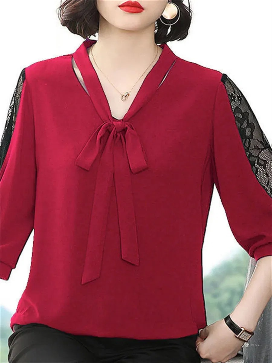 Color: green, Size: XXXL - Women Spring Summer Style Blouses Tops Lady Casual Bow Tie Colloar Half Lace Sleeve Loose Blusas Tops DF4275