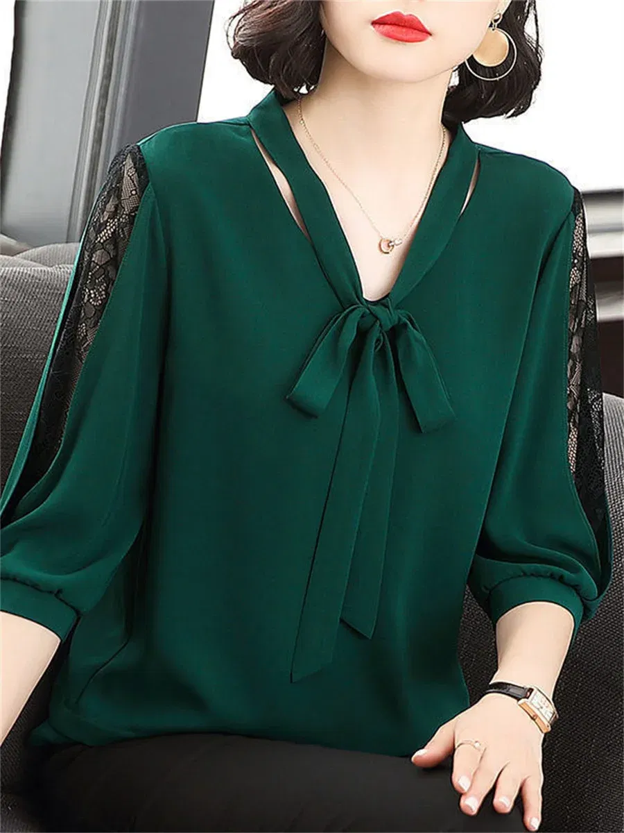 Color: green, Size: XXXL - Women Spring Summer Style Blouses Tops Lady Casual Bow Tie Colloar Half Lace Sleeve Loose Blusas Tops DF4275