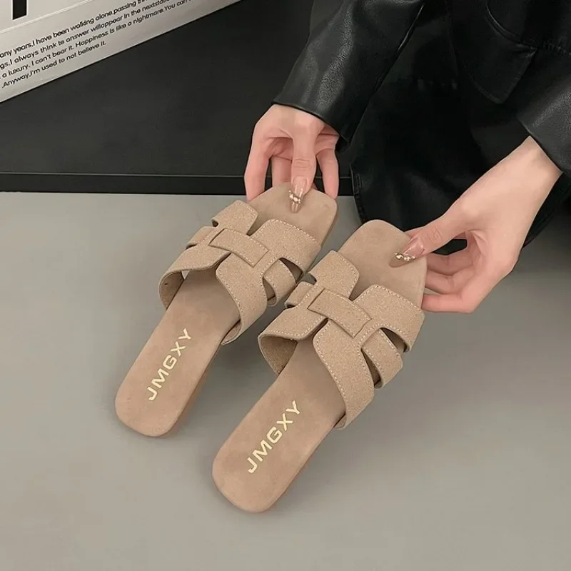 Color: Khaki, Shoe Size: 41 - Summer New Women Slippers Flat Bottom Non-slip Outdoor Open Toe Beach Female Sandals Sexy Fashion Design Slides Woman Shoes