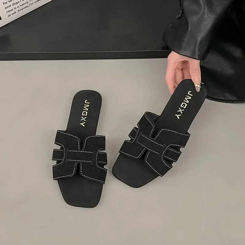 Color: Khaki, Shoe Size: 41 - Summer New Women Slippers Flat Bottom Non-slip Outdoor Open Toe Beach Female Sandals Sexy Fashion Design Slides Woman Shoes