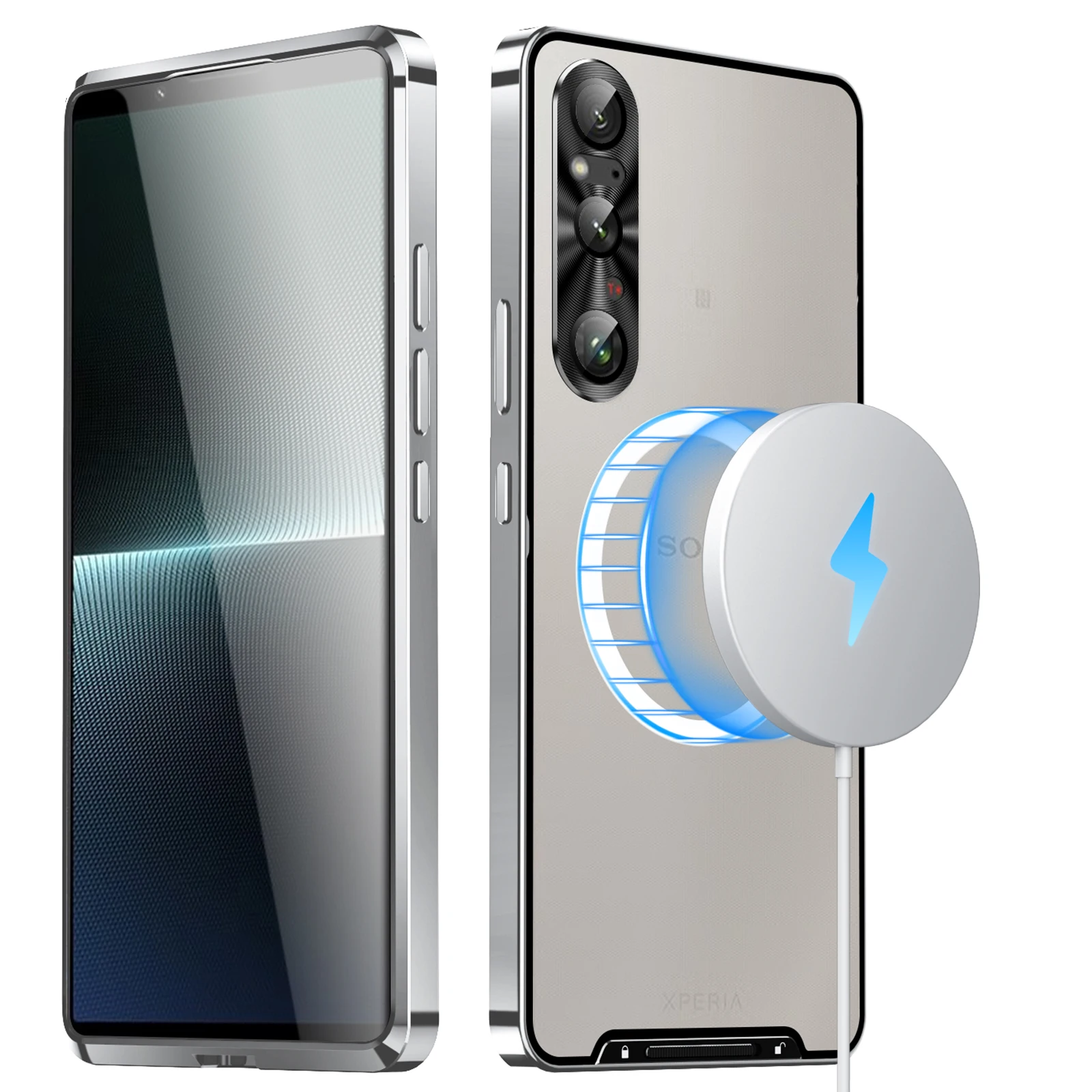 Color: Silver, Material: CANVAS - Metal Alloy Magnetic Case For Sony Xperia 1 V 10 IV iii 5 V Aluminum Bumper Frame Clear Transparent Wireless Charger Cover