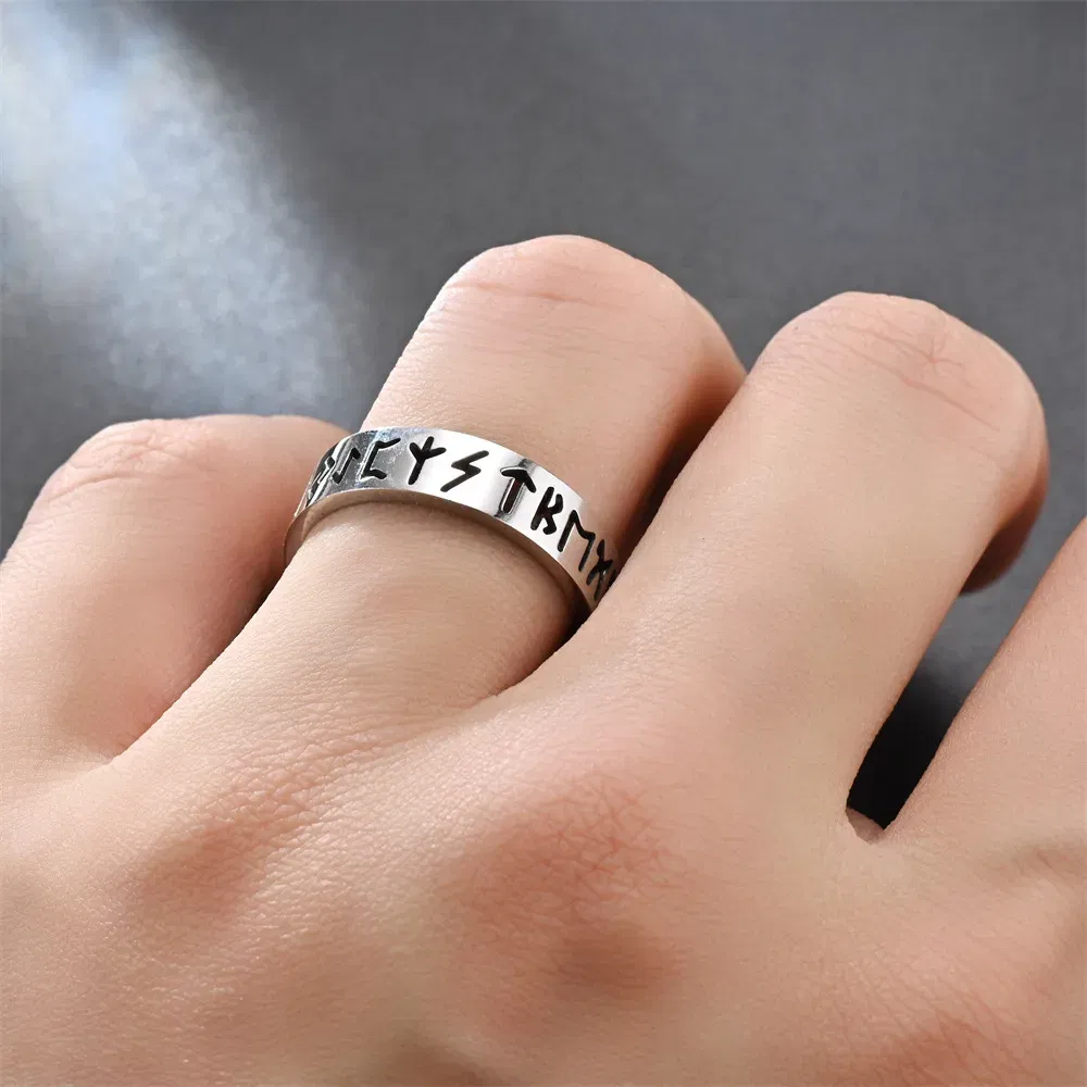 Main Stone Color: Black, Ring Size: Less Than 4 - 2023 New Stainless Steel Hollow Out Ring for Men Women Fashion Hollow Rune Design Finger Anillo Antiestres Anxiety Rings
