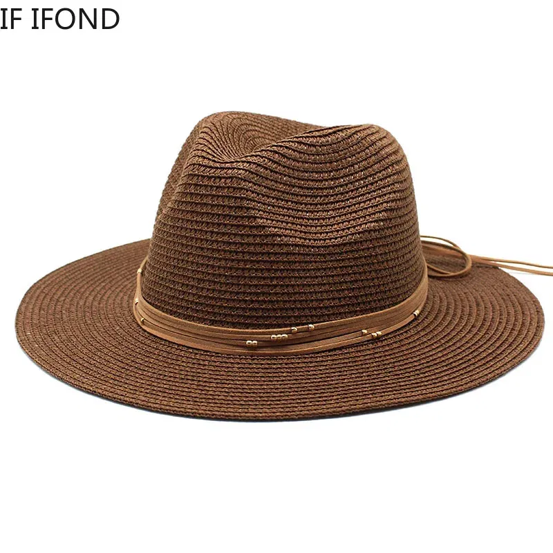 Color: Brown, Size: M - Big Size 60CM New Straw Hat 7cm Brim Summer Cooling Beach Sun Hat Outdoor Party Panama Jazz Hat Sombreros De Mujer