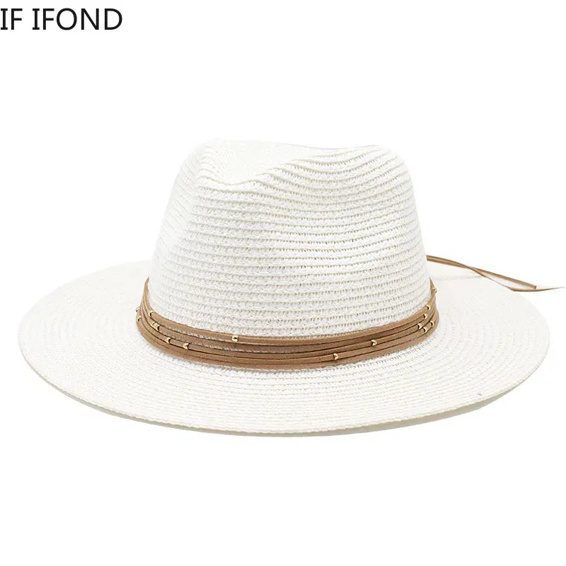 Color: Brown, Size: M - Big Size 60CM New Straw Hat 7cm Brim Summer Cooling Beach Sun Hat Outdoor Party Panama Jazz Hat Sombreros De Mujer