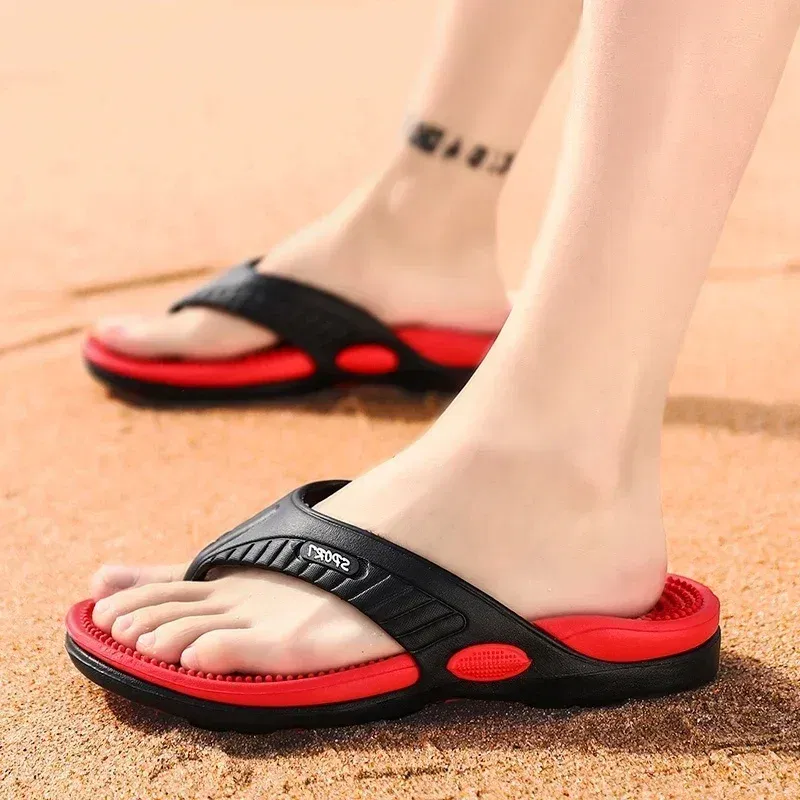 Color: Red, Shoe Size: 41 - Massage Flip Flops for Men Summer Breathable Beach Shoes Sandals Men Luxury Flip Flops Breathable Plus Plus Size Men Slippers 46