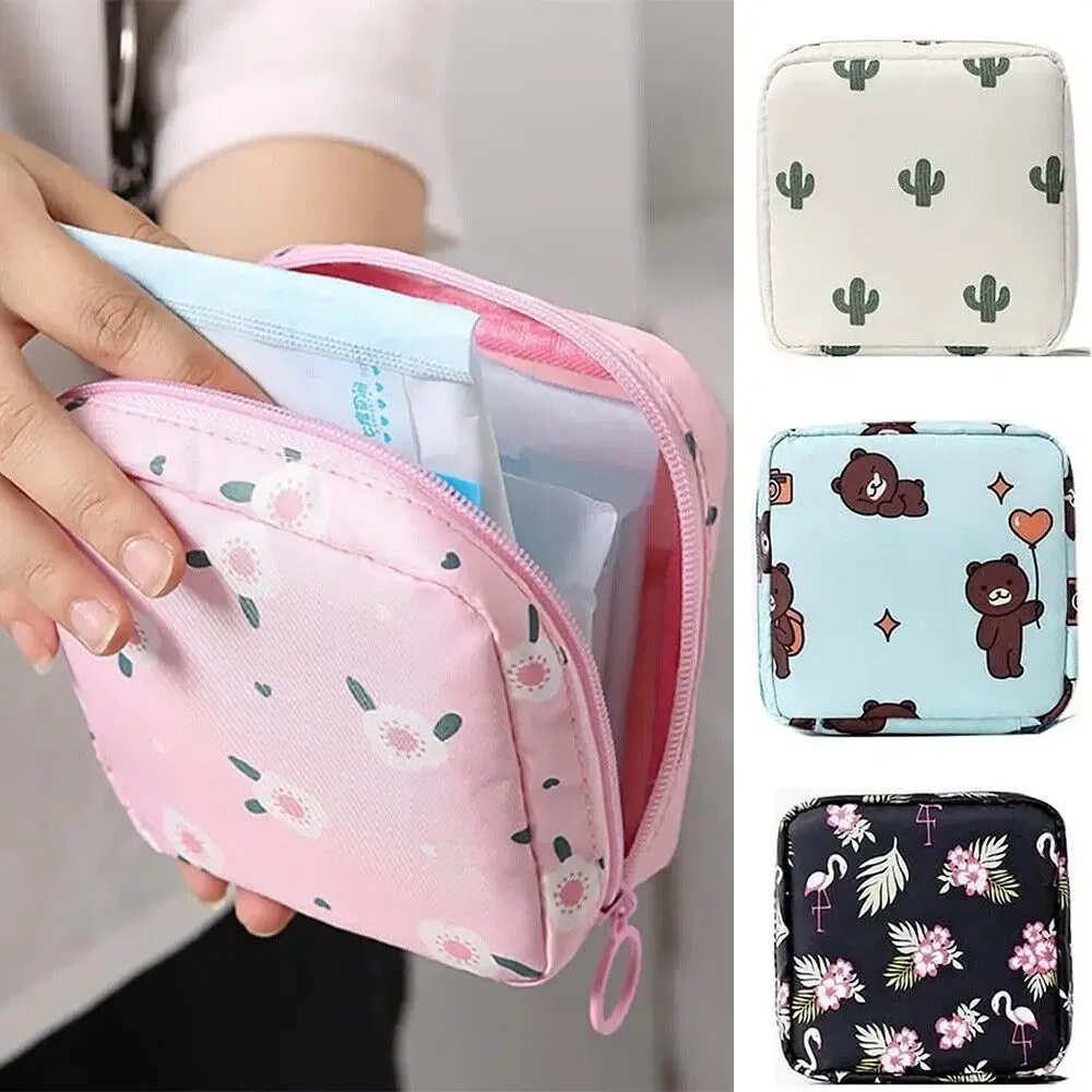 Color: Beige - Girl Napkin Credit Card Holder Headphone Case Coin Clip Sanitary Bag Change Purse Tamper-Proof Storage Bag Sanitary Mat Bag