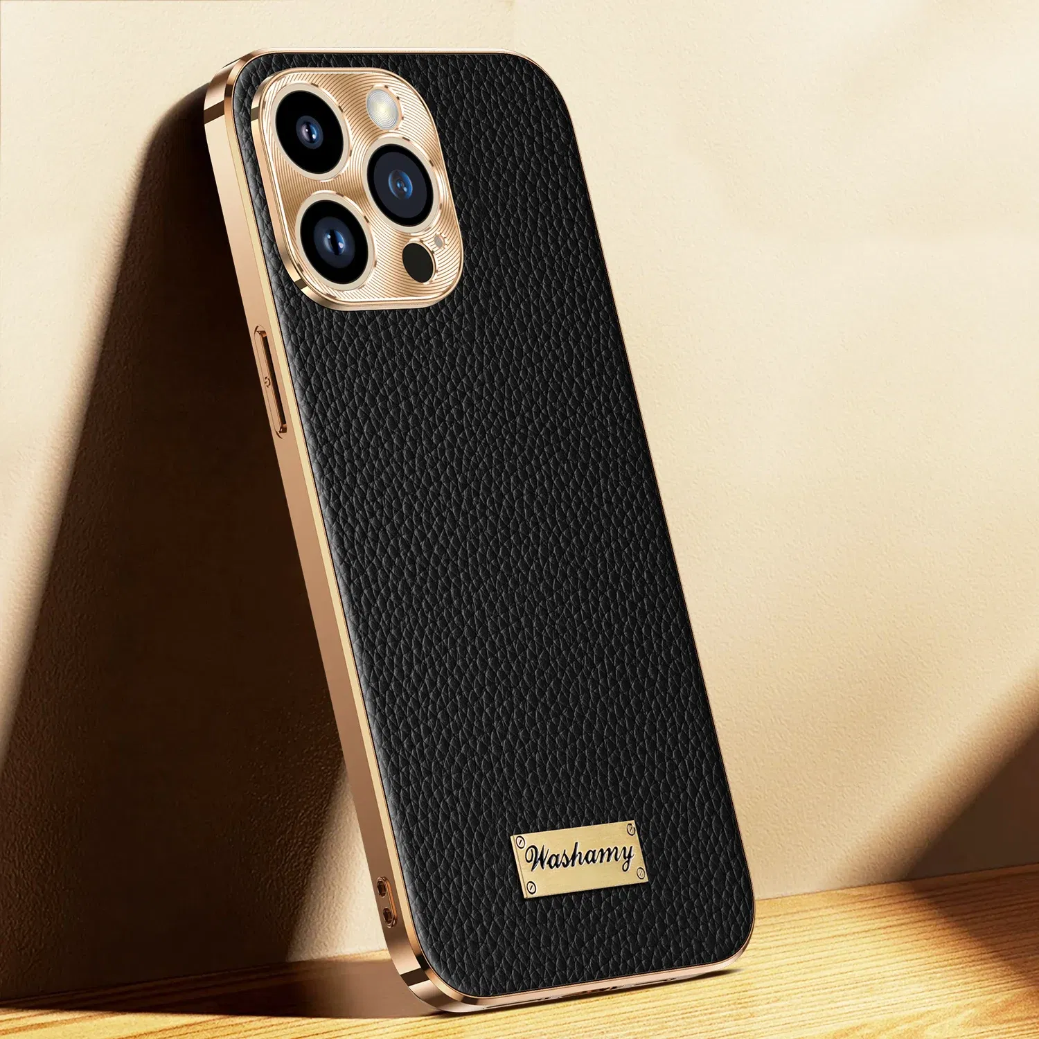 Color: black, Compatible-Phone Models: For iPhone 14 Pro Max - Luxury Genuine Leather Phone Case For iPhone 15 14 13 Pro Max Plating Soft Silicone Frame Shockproof Cover For iPhone 16 Pro Max