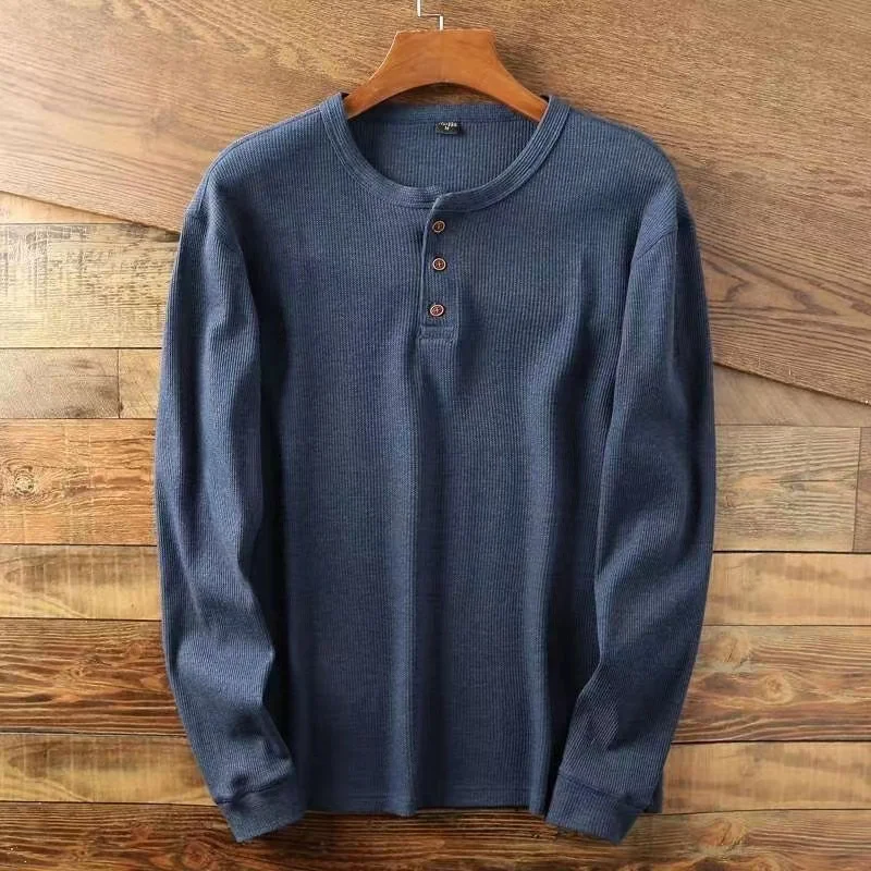 Color: Khaki, Size: S, Ships From: CHINA - Slim Fit Mens Basic Tee Casual Tshirts Henley Waffle Long Sleeve Shirts Thermal Solid Half Button Breathable 100% Cotton Shirts