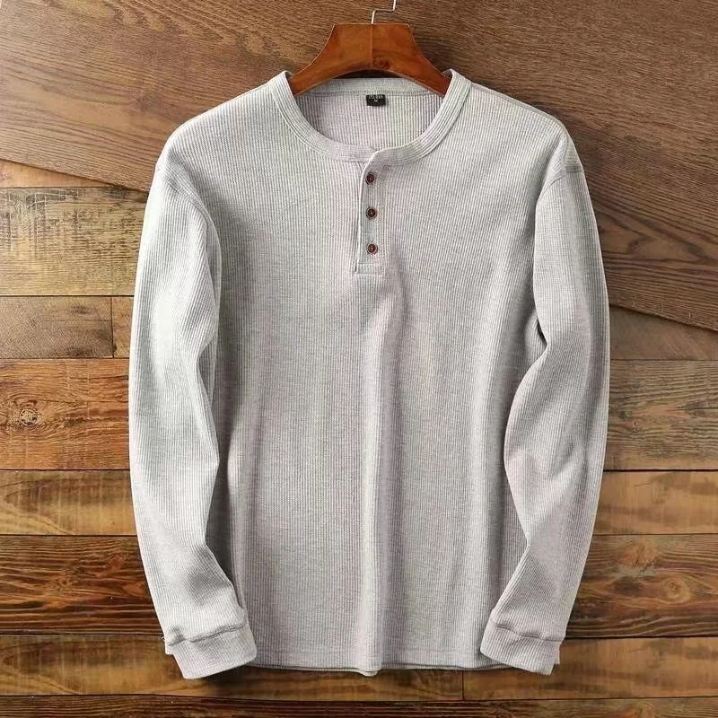 Color: Khaki, Size: S, Ships From: CHINA - Slim Fit Mens Basic Tee Casual Tshirts Henley Waffle Long Sleeve Shirts Thermal Solid Half Button Breathable 100% Cotton Shirts