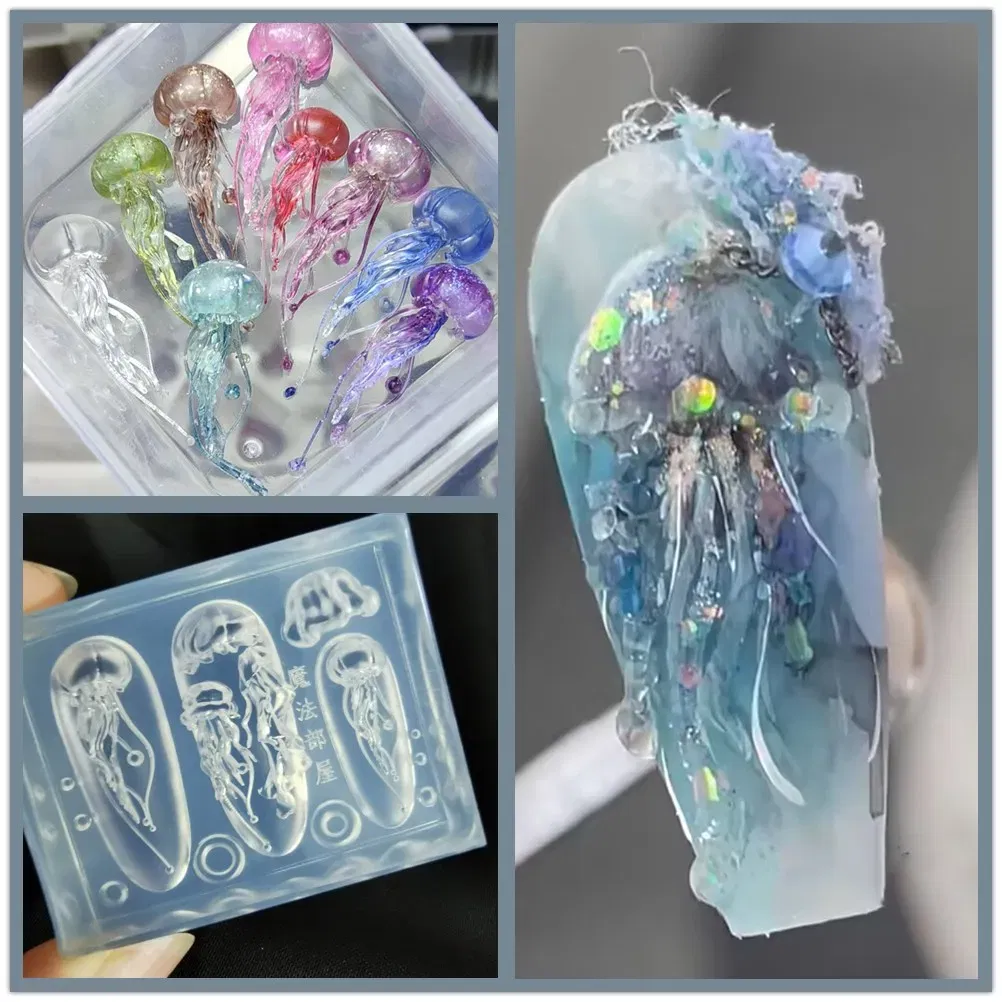 Color: Silver - 1pc Marine Jellyfish  Lace Ice Flowers 3D Acrylic Nail Mold Nail Art  Silicone Stamping Plates  Nail Accessories