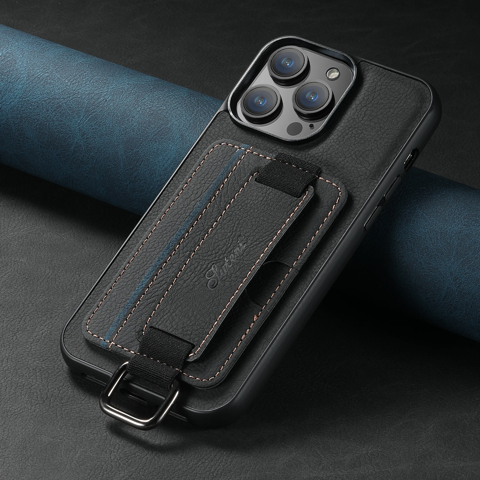 Color: black, Material: Pc + tpu - SUTENI Lychee skin print wrist strap card phone case Card holder for iPhone 16 ProMax 15 Plus 14 13 12 11 XR XS Black/blue/brown