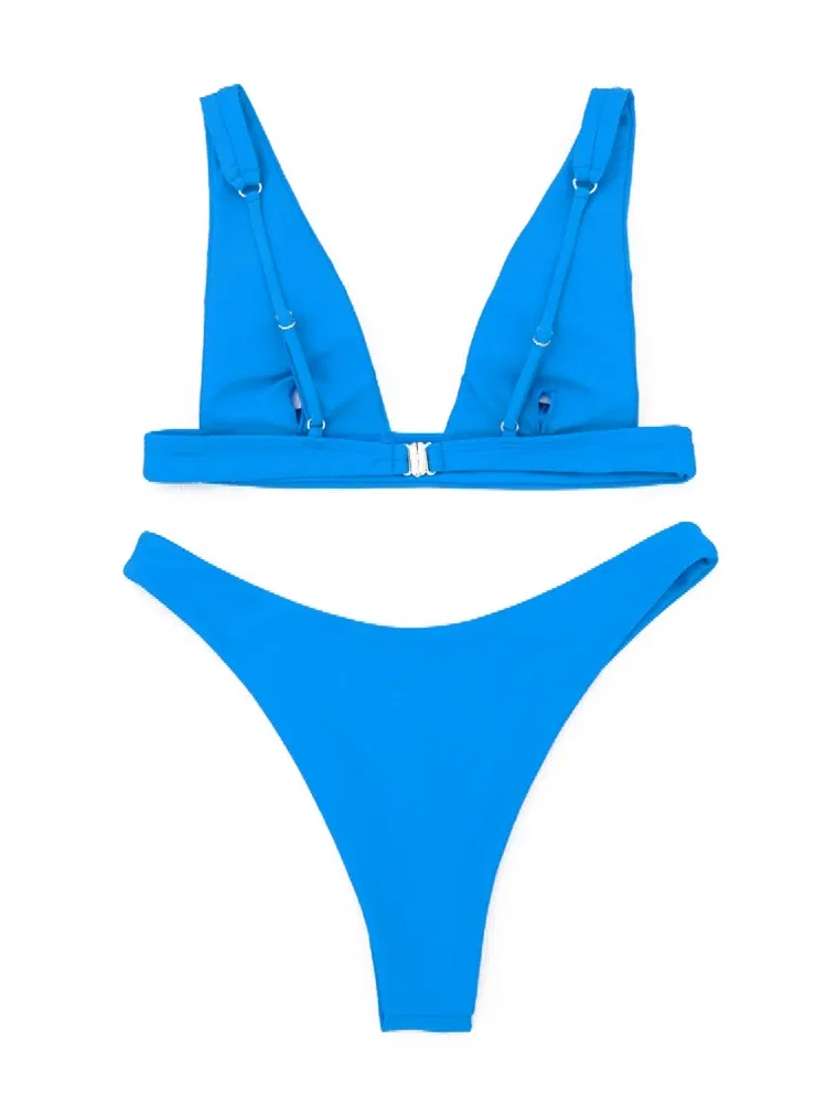 Color: Red, Size: L - 2023 New Sexy Solid Bikini Women V-neck Swimwear Two Pieces Swimsuit Female Low Waist Bikini Set Brazilian Bathing Suit Bathers