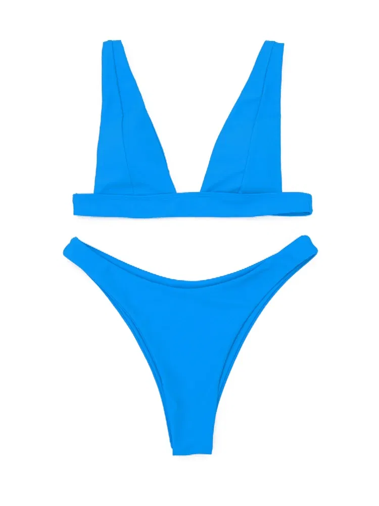 Color: Red, Size: L - 2023 New Sexy Solid Bikini Women V-neck Swimwear Two Pieces Swimsuit Female Low Waist Bikini Set Brazilian Bathing Suit Bathers