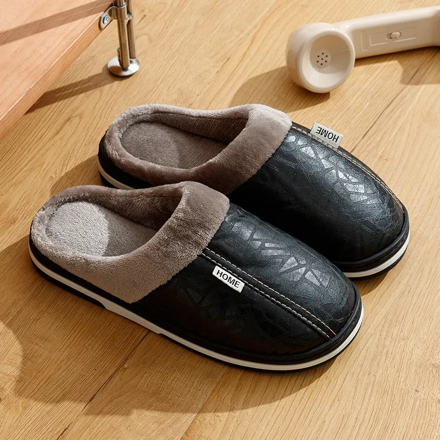 Shoe Size: 12, Color: Brown - Big Size Winter Casual Men's Slippers Indoor Waterproof PU Leather Home Shoes Fur Flat Warm Fashion Bedroom Houseshoes