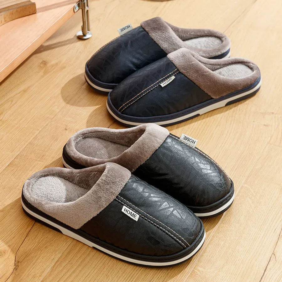Shoe Size: 12, Color: Brown - Big Size Winter Casual Men's Slippers Indoor Waterproof PU Leather Home Shoes Fur Flat Warm Fashion Bedroom Houseshoes