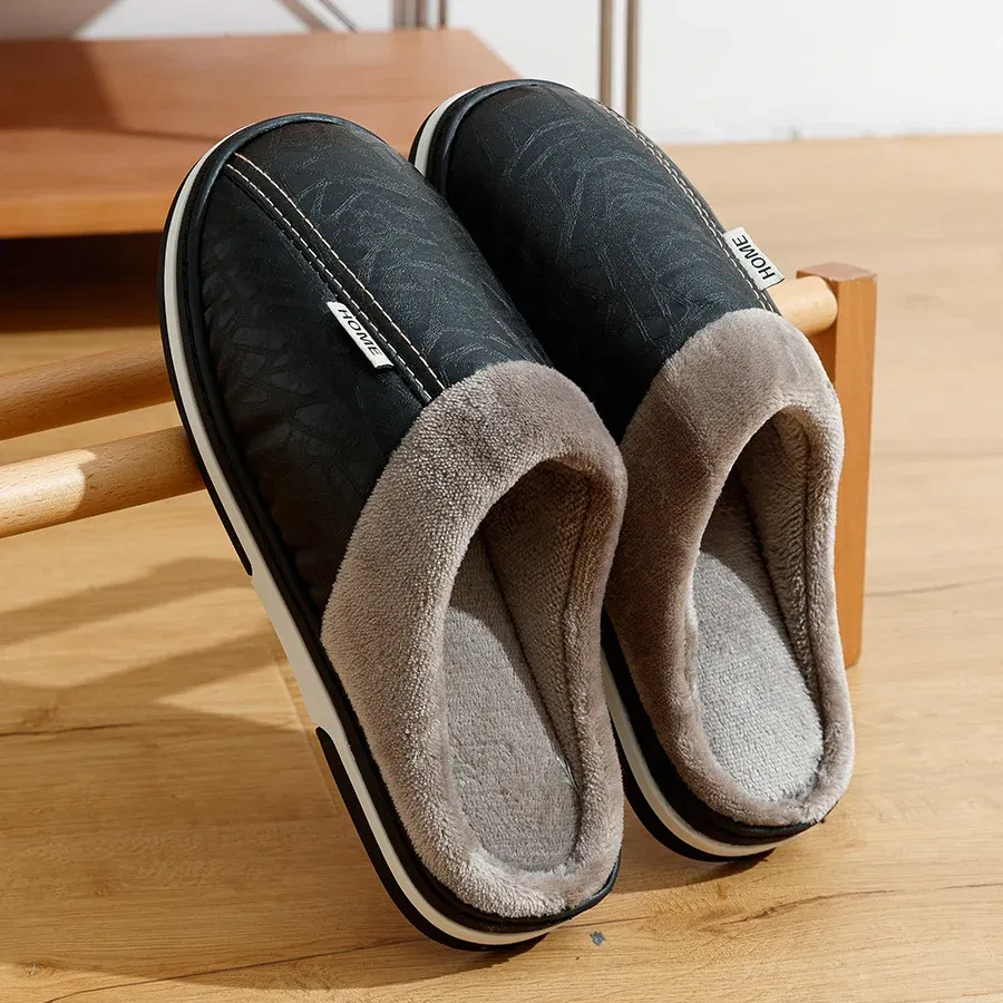 Shoe Size: 12, Color: Brown - Big Size Winter Casual Men's Slippers Indoor Waterproof PU Leather Home Shoes Fur Flat Warm Fashion Bedroom Houseshoes