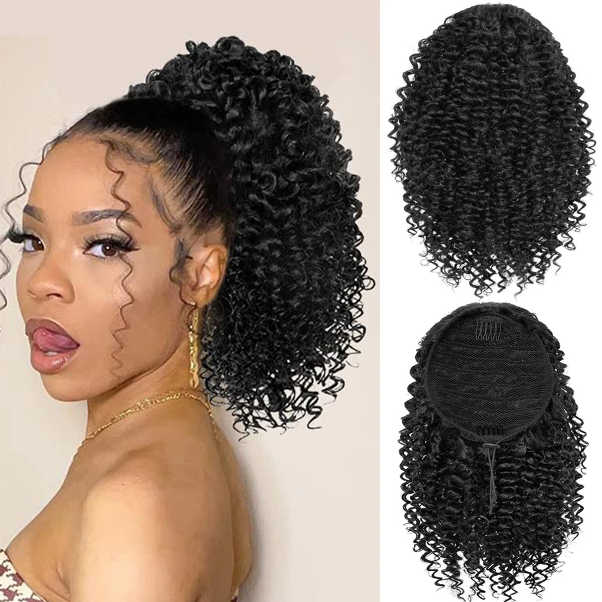 Color: Natural Color - Synthetic Drawstring Curly Ponytail Extension for African Women Short Afro Kinky Ponytail Extension
