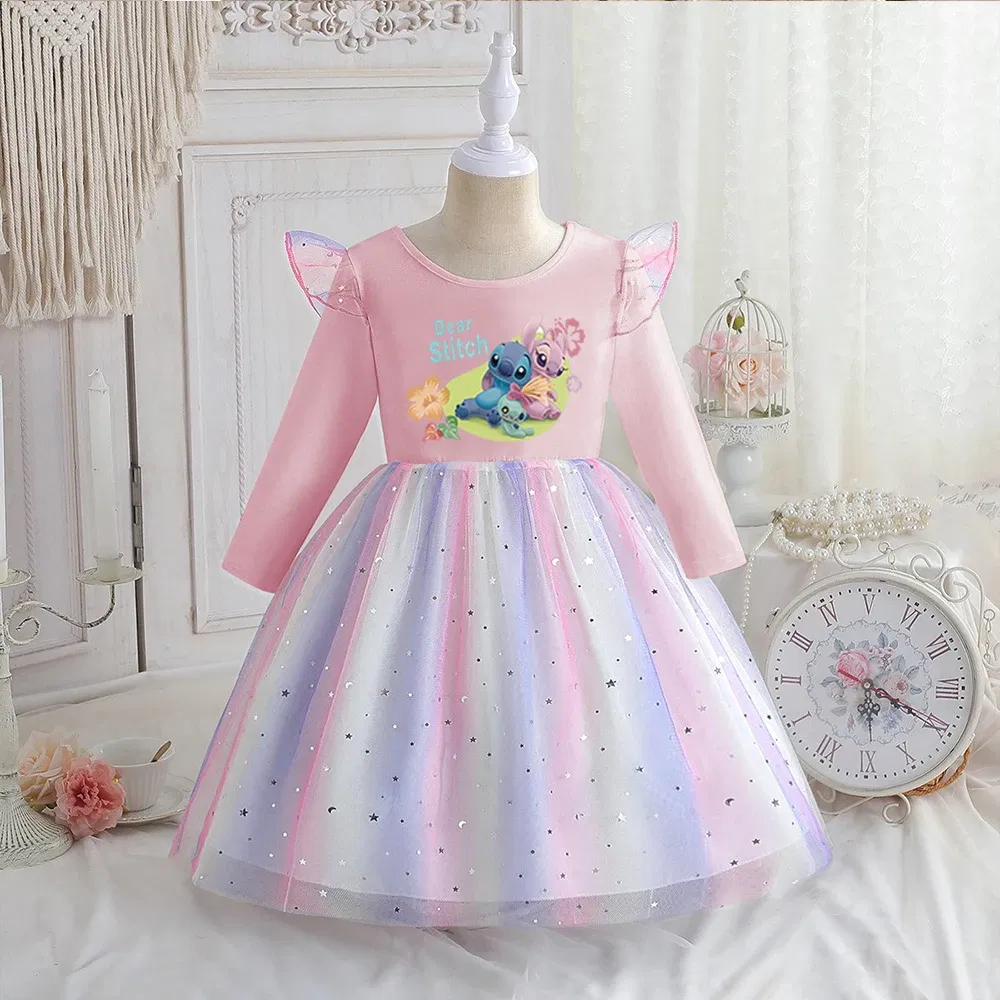 Color: Silver, Kid Size: 5 - Stitch Princess Dress Autumn New Disney Baby Girls Dress Spring Autumn Long-sleeved For Children Kids Clothes Birthday Party