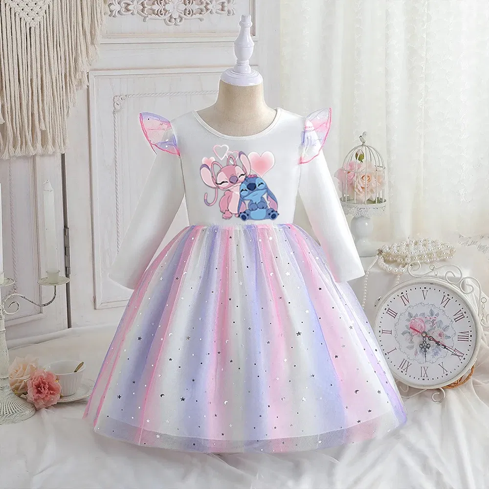 Color: Silver, Kid Size: 5 - Stitch Princess Dress Autumn New Disney Baby Girls Dress Spring Autumn Long-sleeved For Children Kids Clothes Birthday Party