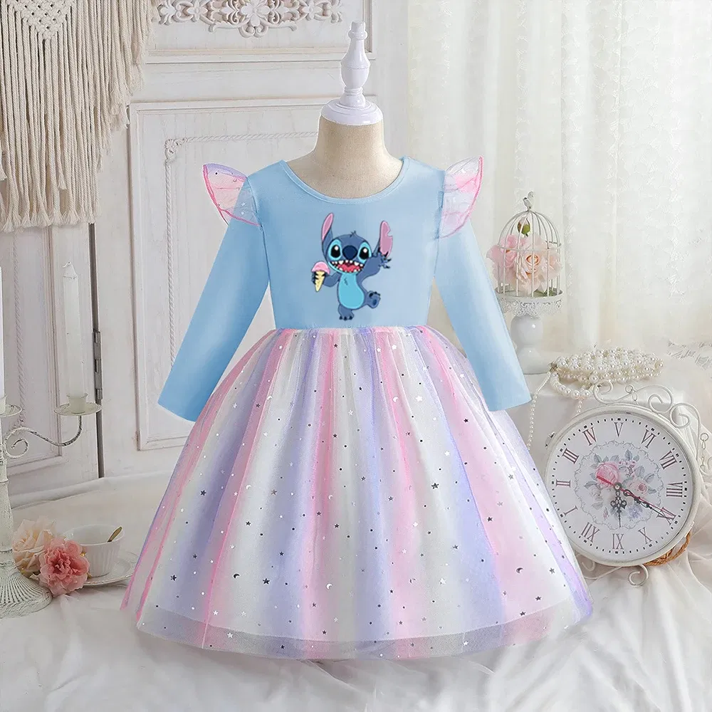 Color: Silver, Kid Size: 5 - Stitch Princess Dress Autumn New Disney Baby Girls Dress Spring Autumn Long-sleeved For Children Kids Clothes Birthday Party