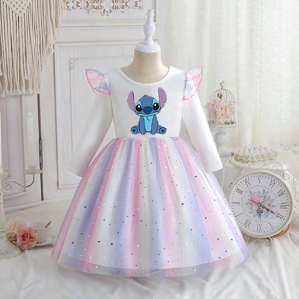 Color: Silver, Kid Size: 5 - Stitch Princess Dress Autumn New Disney Baby Girls Dress Spring Autumn Long-sleeved For Children Kids Clothes Birthday Party