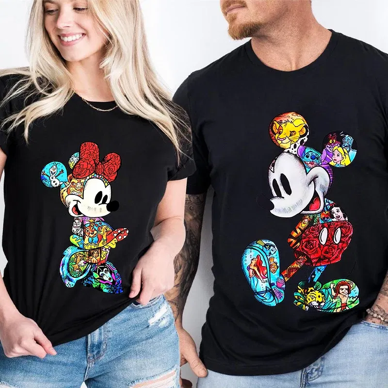 Color: SKY BLUE, Size: XS?€old?‰ - Disney Couples Mickey Mouse Minnie Print T-shirt Couples Men's and Women's Cotton Short Sleeve Casual Tops
