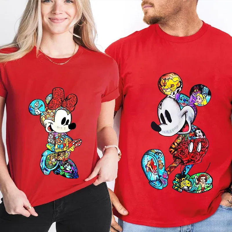 Color: SKY BLUE, Size: XS?€old?‰ - Disney Couples Mickey Mouse Minnie Print T-shirt Couples Men's and Women's Cotton Short Sleeve Casual Tops