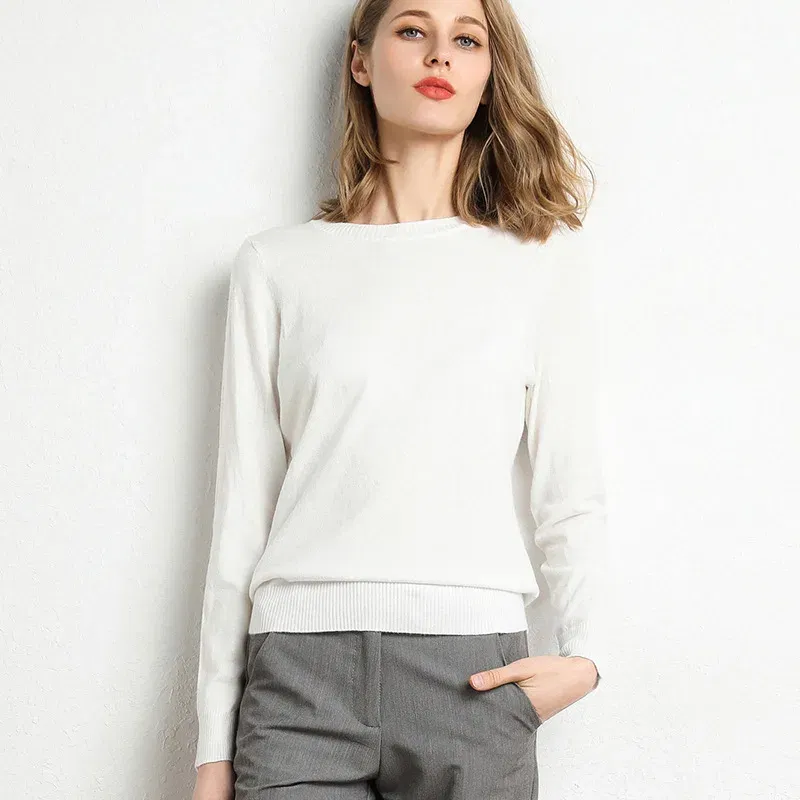 Color: Lavender, Size: L - Women Slim O-Neck Solid Pullover Cashmere Wool Blending Sweater Autumn And Winter Long-Sleeved Knit Bottoming Shirt Large Size