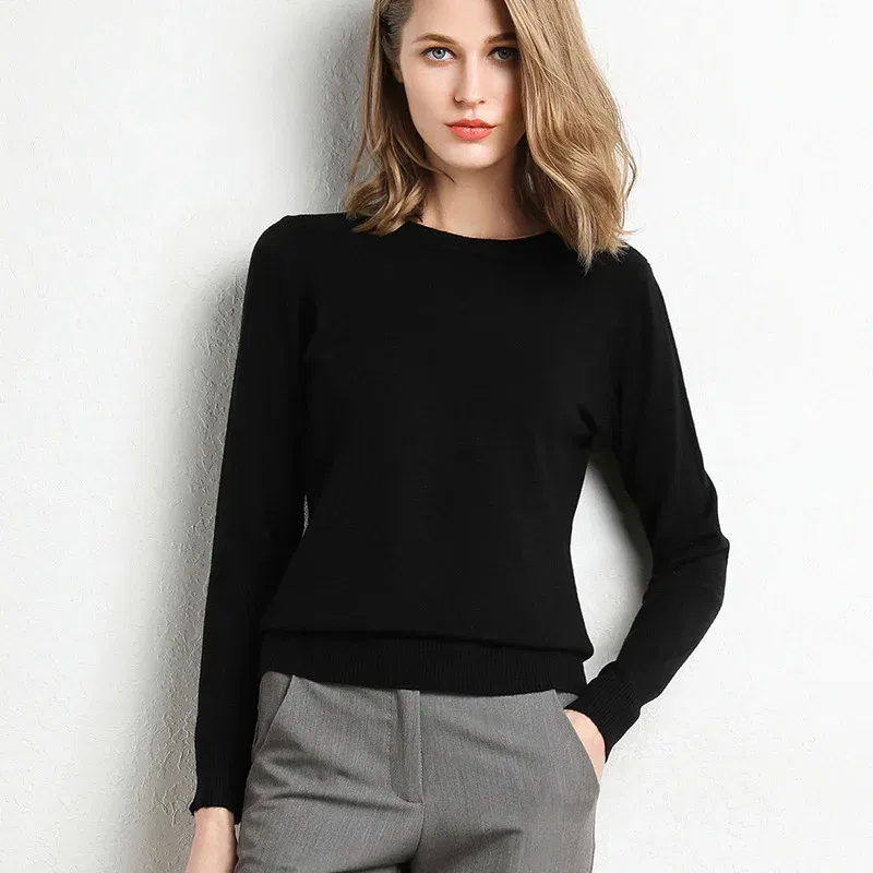 Color: Lavender, Size: L - Women Slim O-Neck Solid Pullover Cashmere Wool Blending Sweater Autumn And Winter Long-Sleeved Knit Bottoming Shirt Large Size