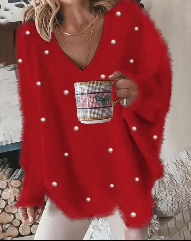 Color: black, Size: XXL - Korean Style Lazy Women's Sweater 2024 Autumn Ribbed Knitted Pullover V-Neck Pearl Long Sleeved Fluffy Top Women's Loose Sweater