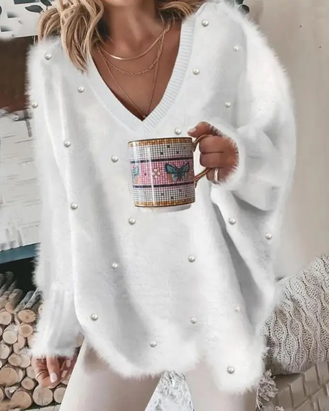 Color: black, Size: XXL - Korean Style Lazy Women's Sweater 2024 Autumn Ribbed Knitted Pullover V-Neck Pearl Long Sleeved Fluffy Top Women's Loose Sweater