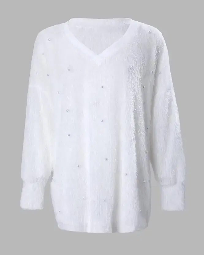 Color: black, Size: XXL - Korean Style Lazy Women's Sweater 2024 Autumn Ribbed Knitted Pullover V-Neck Pearl Long Sleeved Fluffy Top Women's Loose Sweater