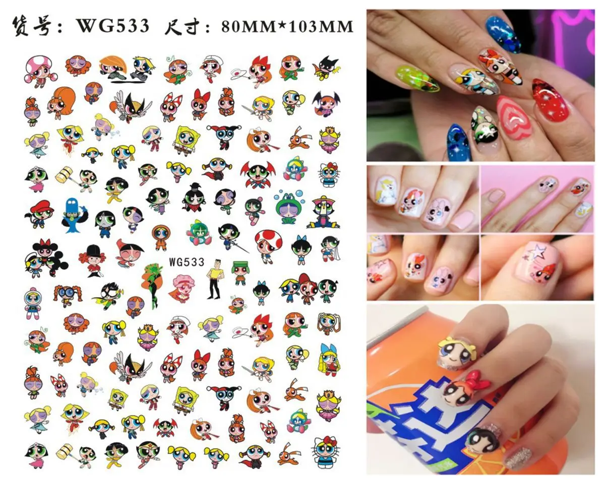 Color: Light green - 1PCS Big Eyes Girl 3D Adhesive Nail Art Sticker Pikachu Lilo and Stitch Cartoon Nail Sticker Nail Decal Nail Art Decoration