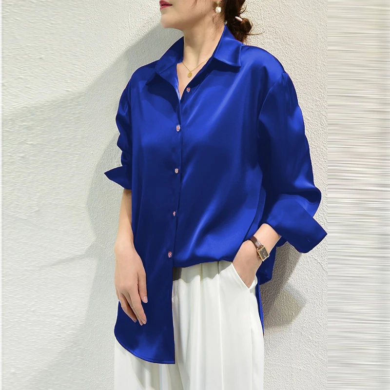 Color: Ivory, Size: S - All-match Satin Finish Shirts And Blouses Women Clothing Casual Top OL Long Sleeve Button Elegant Shirts French Solid Blouses