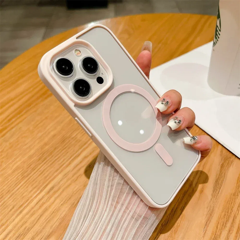 Color: Pink, Material: Cotton - Luxury Shockproof Magsafe Wireless Charge Case for iPhone 17 Air 16 15 14 Plus 13 12 Mini 11 Pro Max Clear Magnetic Bumper Cover